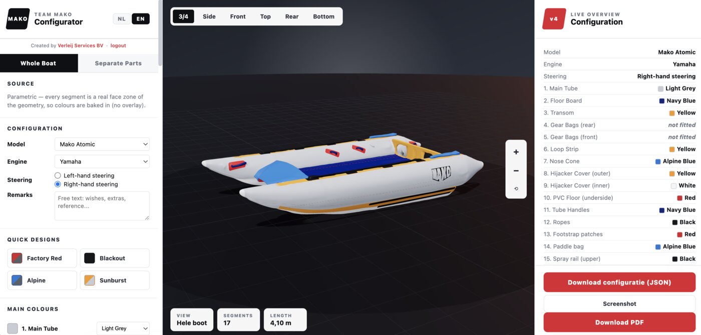 3D-productconfigurator: een opblaasboot samengesteld met eigen kleuren, met een live overzicht van elk onderdeel